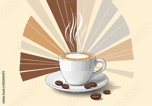 Steaming Coffee Cup with Coffee Beans Illustration