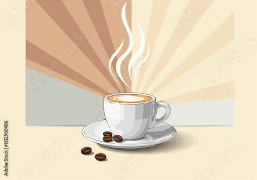 Steaming Coffee Cup with Coffee Beans Illustration