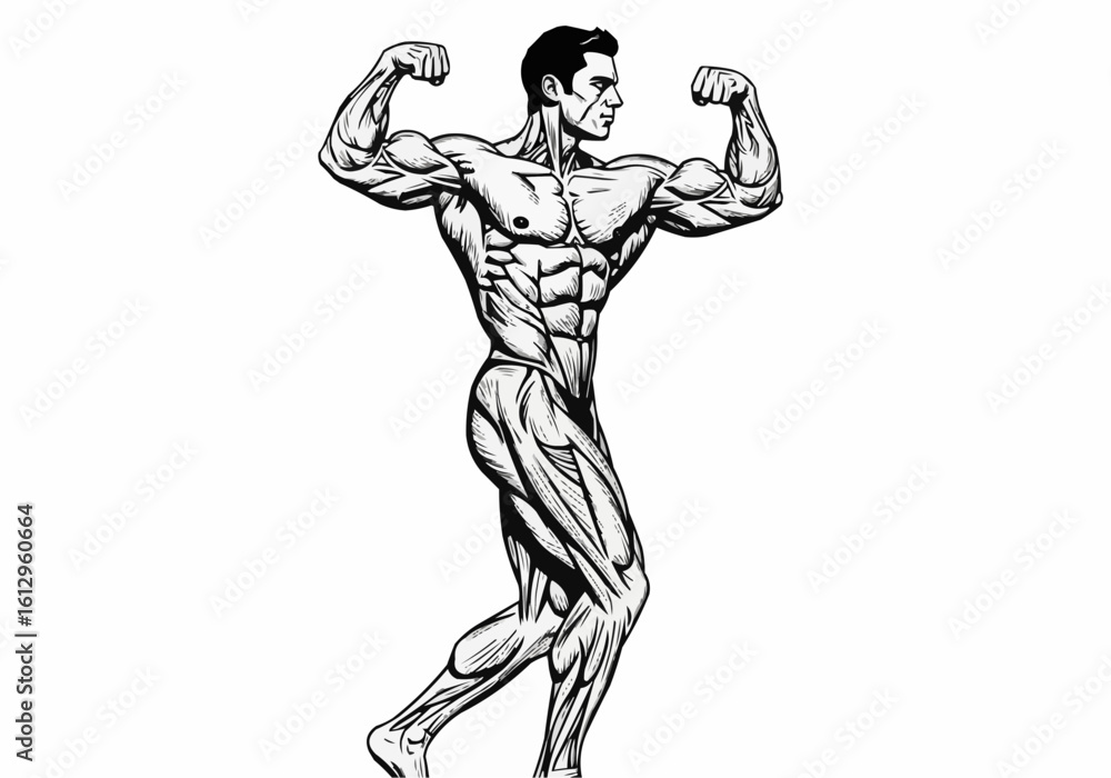 Fototapeta premium Bodybuilder Posing Flexing Muscles Intense Workout