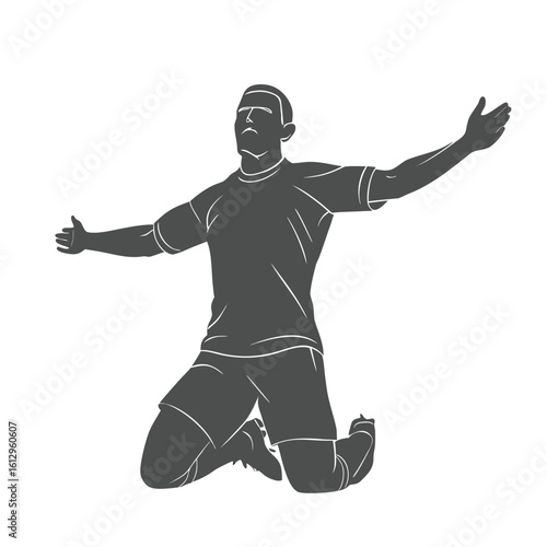 Silhouette of a Kneeling Soccer Player Celebrating Victory with Arms Open Wide in a Solid Gray Color