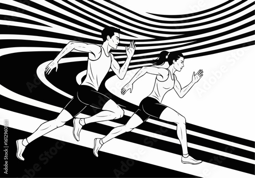 Runners Sprinting on Track in Black and White