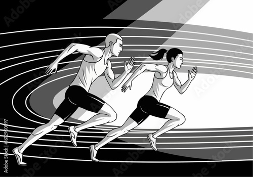 Runners Sprinting on Track in Black and White