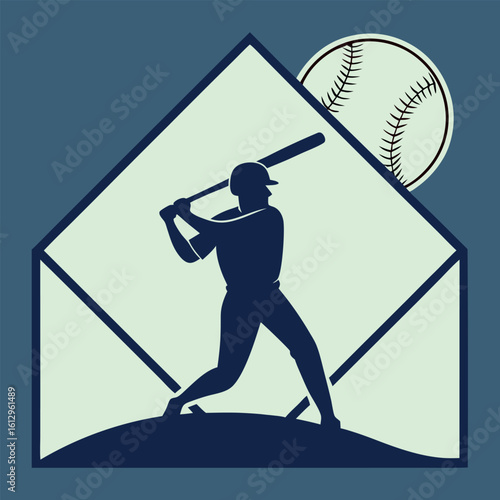 Baseball player swings the bat strongly inside a shaped field on solid background