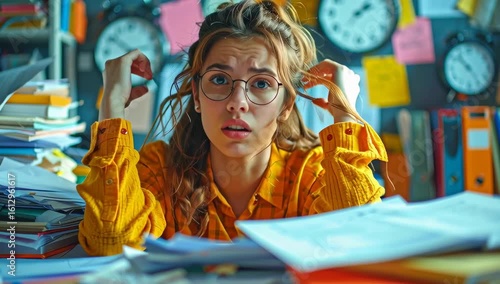 Stressed Young Woman at Work Desk – Deadline and Burnout Concept
