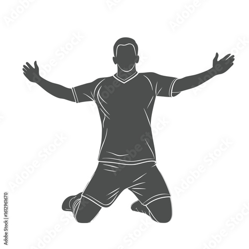 Silhouette of a Kneeling Soccer Player Celebrating Victory with Arms Open Wide in a Solid Gray Color