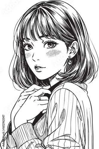 劇画風 顔が赤くなる女性 横顔 線画風 漫画風 ベクター