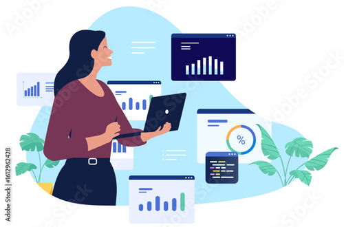A smiling young woman holding a laptop, surrounded by data analysis charts and graphs, representing business, finance, and technology in a flat design vector illustration