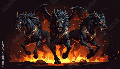 Three ferocious, winged wolves, mythical creatures, running through fiery flames, dark background.