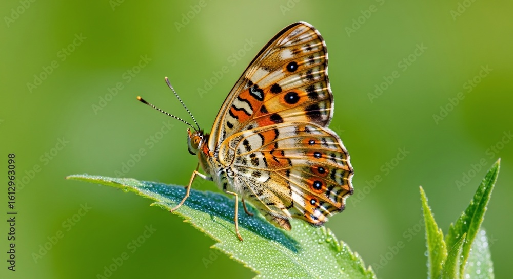 Obraz premium Delicate butterfly perched gracefully on a vibrant green leaf in close up shot