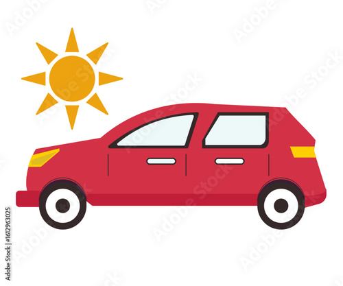 太陽の日差しと車。車の熱中症。車内の温度。車内熱中症,。夏の車。ベクターイラスト