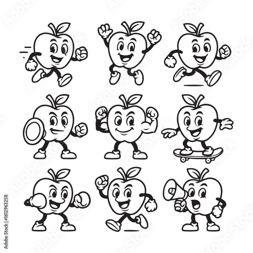 Set of Retro Cartoon Apple Characters in Various Activities