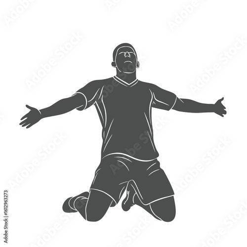 Silhouette of a Kneeling Soccer Player Celebrating Victory with Arms Open Wide in a Solid Gray Color