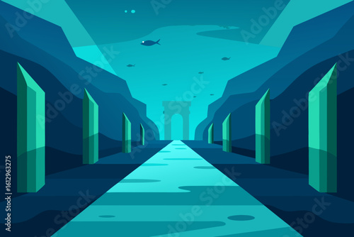 An old city tunnel illuminated by night, its architectural concrete columns forming a long, light-filled corridor
