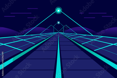 A suspension bridge with illuminated steel towers spans the river at night, a magnificent structure of modern architecture connecting the city