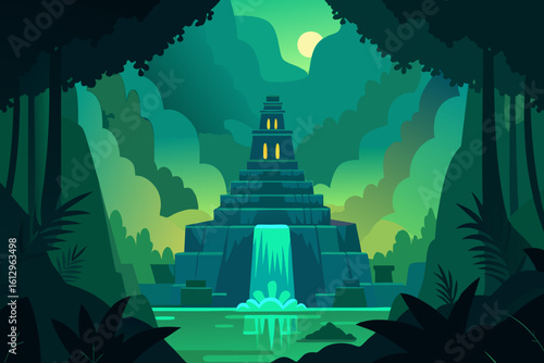 City vector silhouette illustration: urban architectural landmarks under a night sky, featuring temples and towers