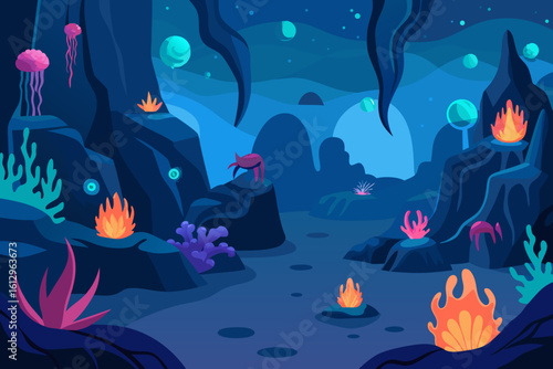 Underwater life illustration with tropical fish, coral, and marine plants in a vibrant ocean reef