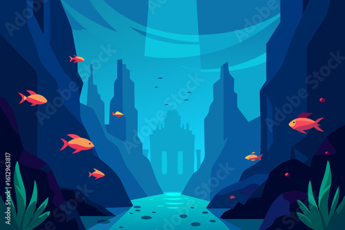 Vibrant blue ocean depths showcase a detailed underwater world map, teeming with diverse marine life, coral reefs, and sunlight filtering through the water