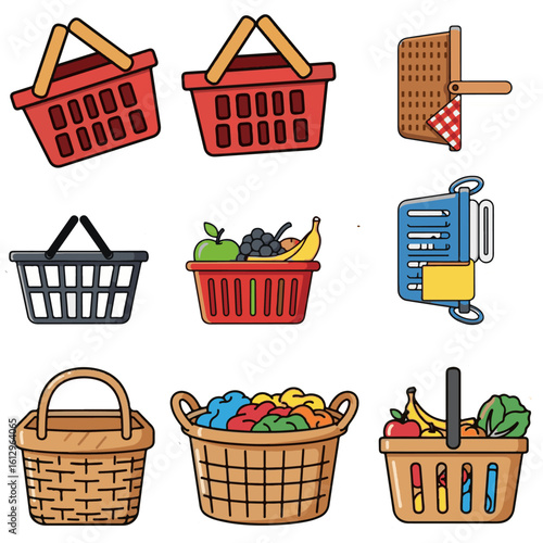 Various Baskets and Crates with Contents