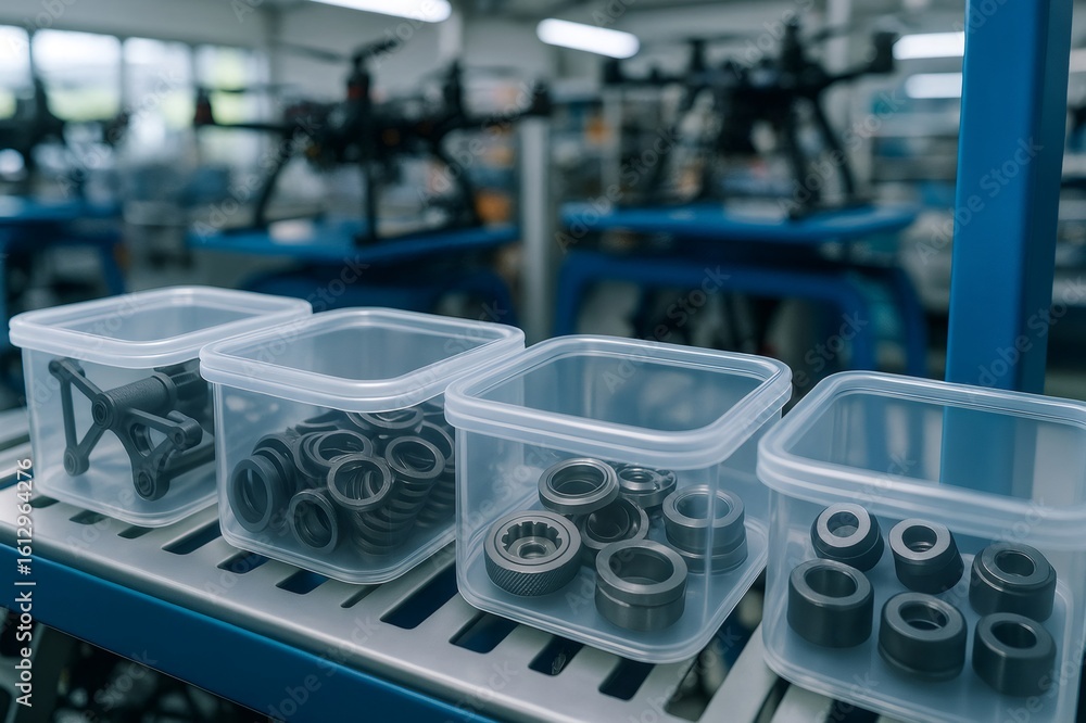 Obraz premium Drone parts and components organized in plastic containers in a manufacturing plant