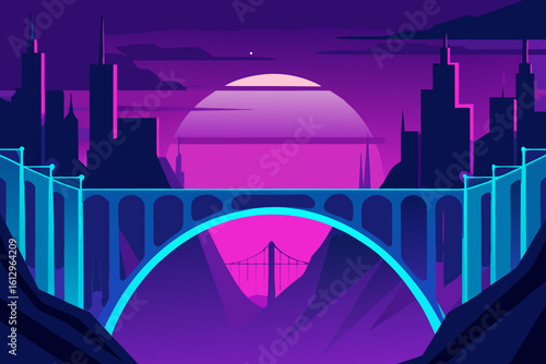 London urban skyline at night with moon, a dark city silhouette illustration