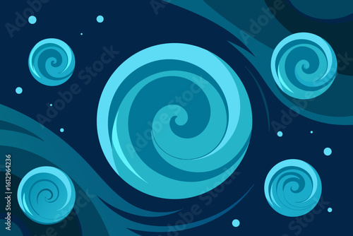 A vibrant, swirling blue background with abstract circles and a dynamic vortex pattern
