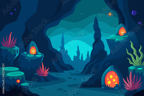 Tropical marine life illustration: vibrant fish in a deep blue ocean aquarium with coral reefs
