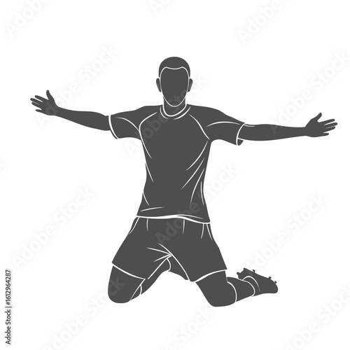 Silhouette of a Kneeling Soccer Player Celebrating Victory with Arms Open Wide in a Solid Gray Color