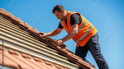 Wallpaper Mural A professional construction worker in an orange vest placing roof tiles on a sunny day a professional and skilled image of home building and labor Torontodigital.ca
