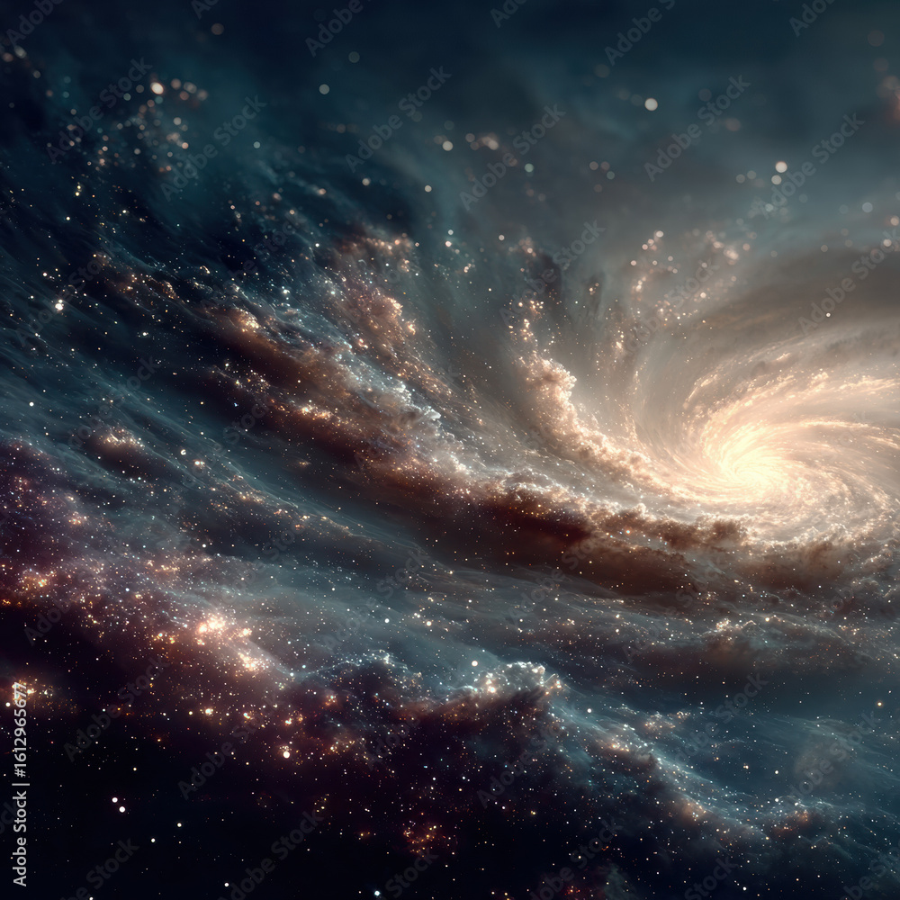 Fototapeta premium Dramatic view of a swirling galaxy with bright core and cosmic dust, showcasing the vastness of outer space, and the beauty of the universe with stars and nebulae in stunning detail