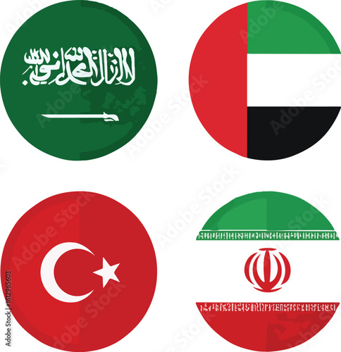 Middle Eastern Flags Collection: Saudi Arabia, UAE, Turkey, and Iran Round Icons