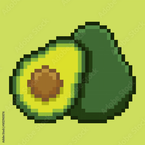 A retro pixel art style of a whole and sliced avocado, designed in a classic 8-bit illustration clearly shows the green flesh and central pit, making it an excellent symbol for healthy eating