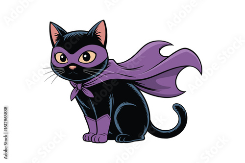 Black cat superhero with purple cape and mask purple mask cartoon