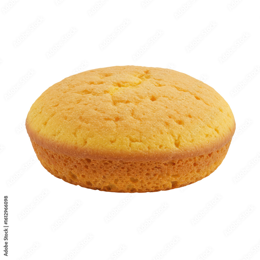 Freshly baked round yellow cake on a plain background, showcasing its soft texture and golden color Freshly baked round yellow cake on a plain background, showcasing its soft texture and golden color