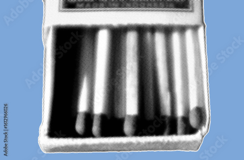 close up of matches in matchbox pixelate grayscale color halftone dotted texture style collage element isolated on blue background