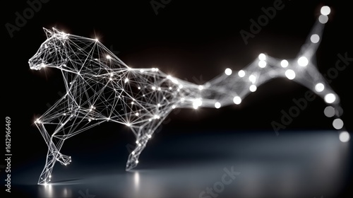 Digital Wireframe Dog Sculpture Bright White Lines on Dark Background