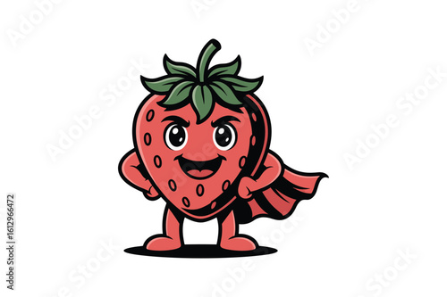 Cheerful strawberry character wearing a cape fruit cartoon