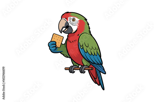 Colorful parrot holding a cracker on a perch macaw bird