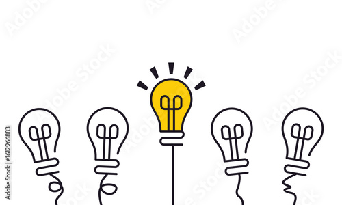 Minimalist illustration of a glowing yellow light bulb among unlit bulbs, symbolizing innovation, creativity, leadership, and unique ideas.