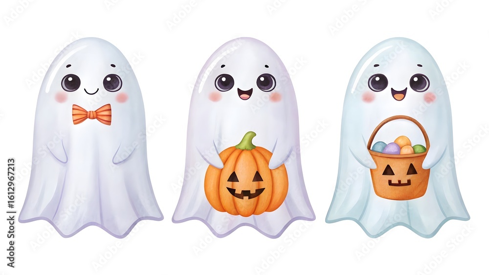 Fototapeta premium Three cute watercolor ghosts with halloween decorations