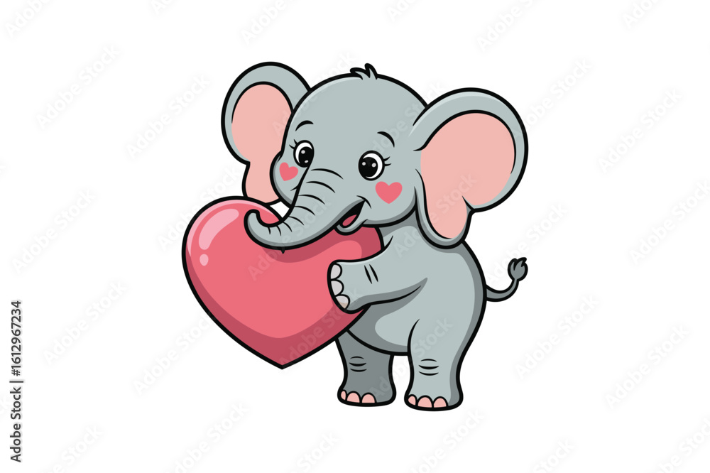 Naklejka premium Cute grey elephant holding a pink heart vector