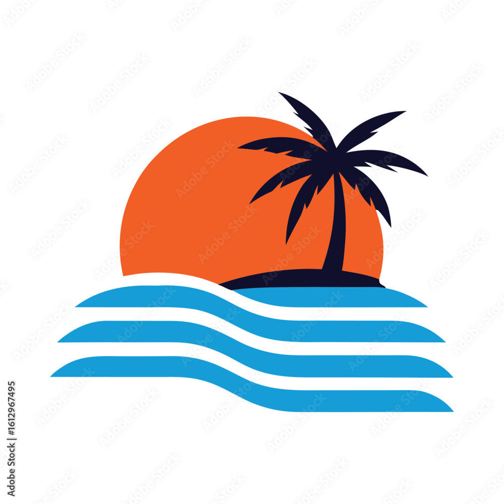 Obraz premium Tropical sunset palm tree over wavy ocean logo