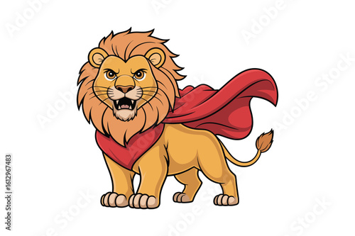 Fierce lion wearing a red cape standing confidently animal mammal