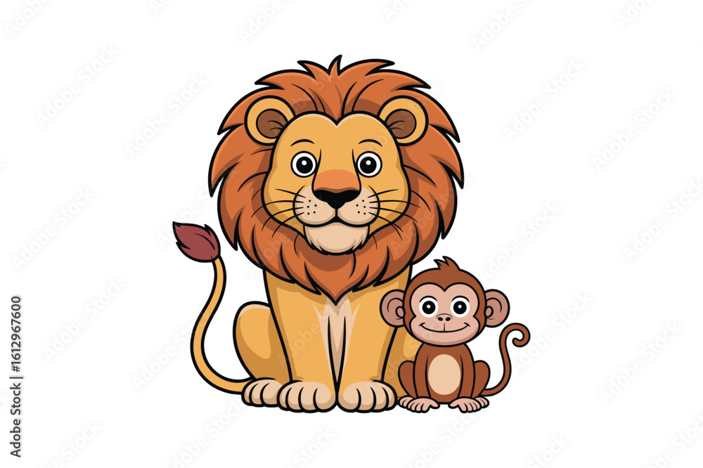 Fototapeta premium Friendly lion and monkey animals cartoon
