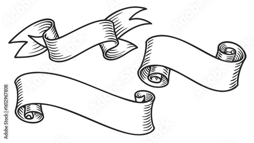 Illustration of three decorative ribbons with curled edges and pointed ends in black and white style