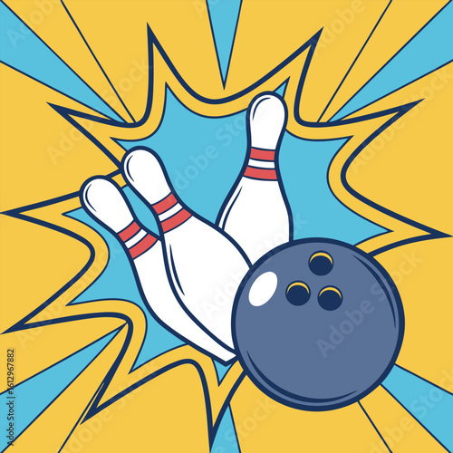 Cartoon Bowling Ball Striking Pins with Comic Style