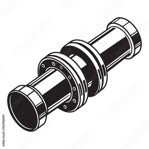 Black and white isometric illustration of a metal pipe connection fitting with flanges