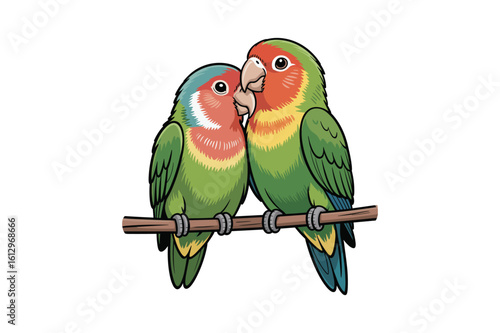 Lovebirds perched on a branch green