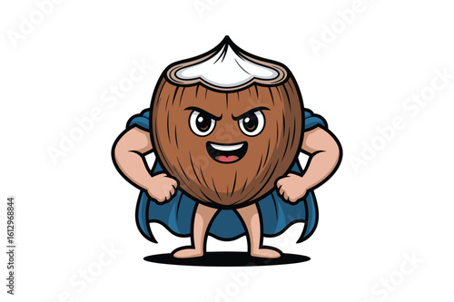 Muscular coconut character wearing a blue cape cartoon superhero