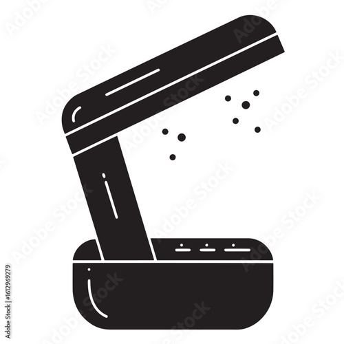 Black silhouette illustration of an electric coffee grinder with falling coffee grounds