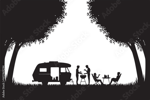 People enjoying barbecue beside camper under trees camping grilling